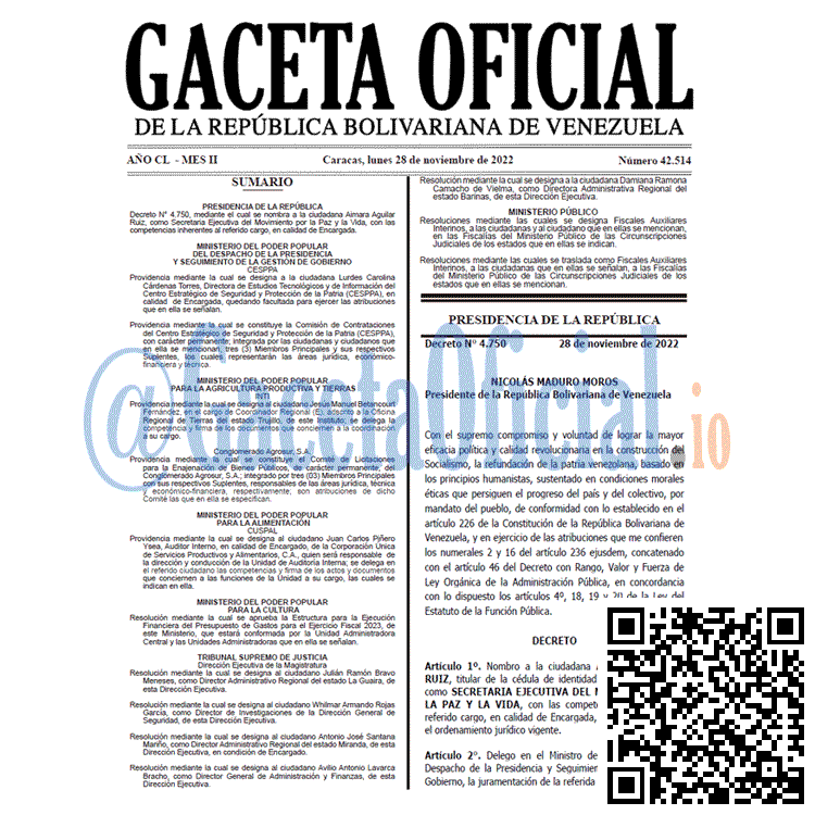 Venezuela Gaceta Oficial 42514 del 28 noviembre 2022 Gaceta Oficial, Gaceta 42514, Gaceta #42514, Gaceta Oficial Venezuela #42514