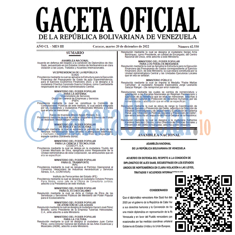 Venezuela Gaceta Oficial 42530 del 20 diciembre 2022 Gaceta Oficial, Gaceta 42530, Gaceta #42530, Gaceta Oficial Venezuela #42530