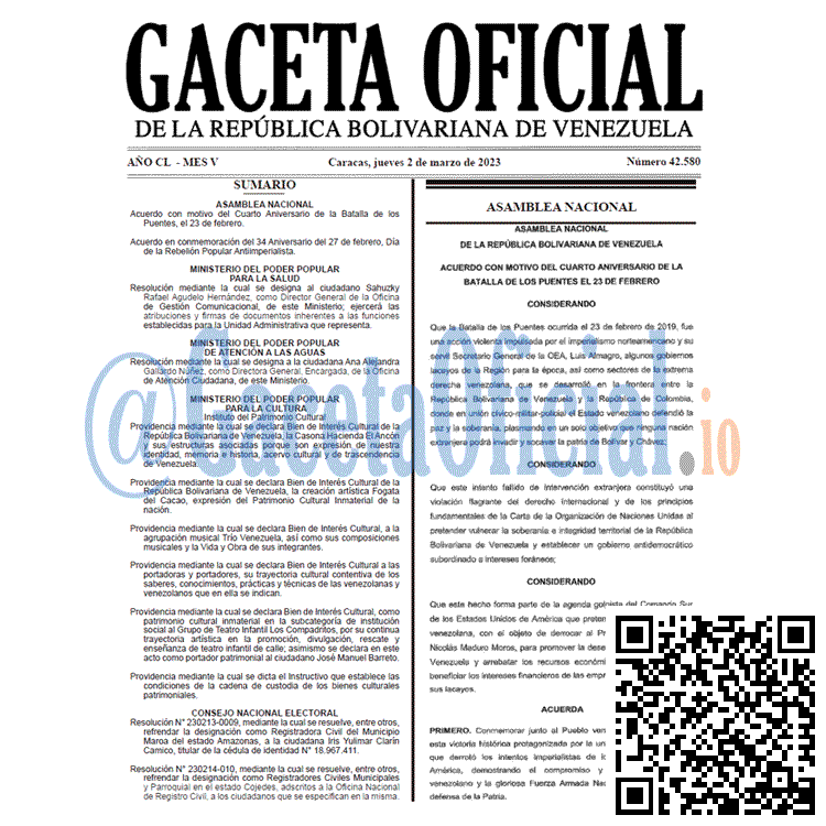 Venezuela Gaceta Oficial 42580 del 2 marzo 2023 Gaceta Oficial, Gaceta 42580, Gaceta #42580, Gaceta Oficial Venezuela #42580