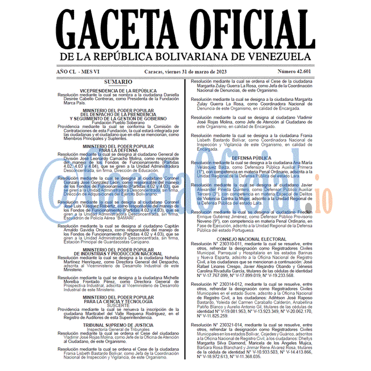 Venezuela Gaceta Oficial 42601 del 31 marzo 2023 Gaceta Oficial, Gaceta 42601, Gaceta #42601, Gaceta Oficial Venezuela #42601
