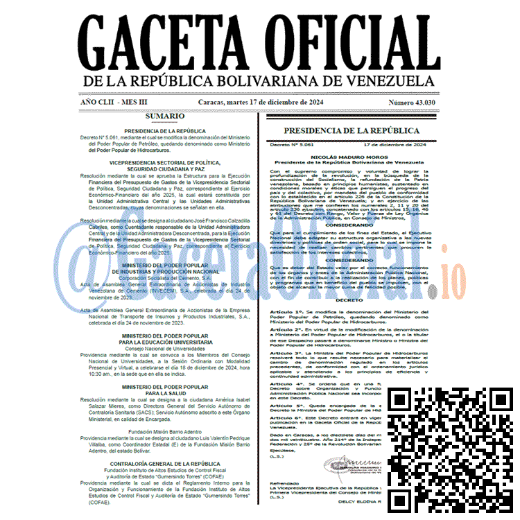 Venezuela Gaceta Oficial 43030 del 17 diciembre 2030 Gaceta Oficial, Gaceta 43030, Gaceta 43030 HD, Gaceta #43030, Gaceta Oficial Venezuela #43030