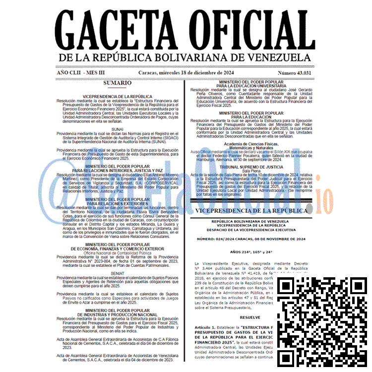 Venezuela Gaceta Oficial 43031 del 18 diciembre 2031 Gaceta Oficial, Gaceta 43031, Gaceta 43031 HD, Gaceta #43031, Gaceta Oficial Venezuela #43031