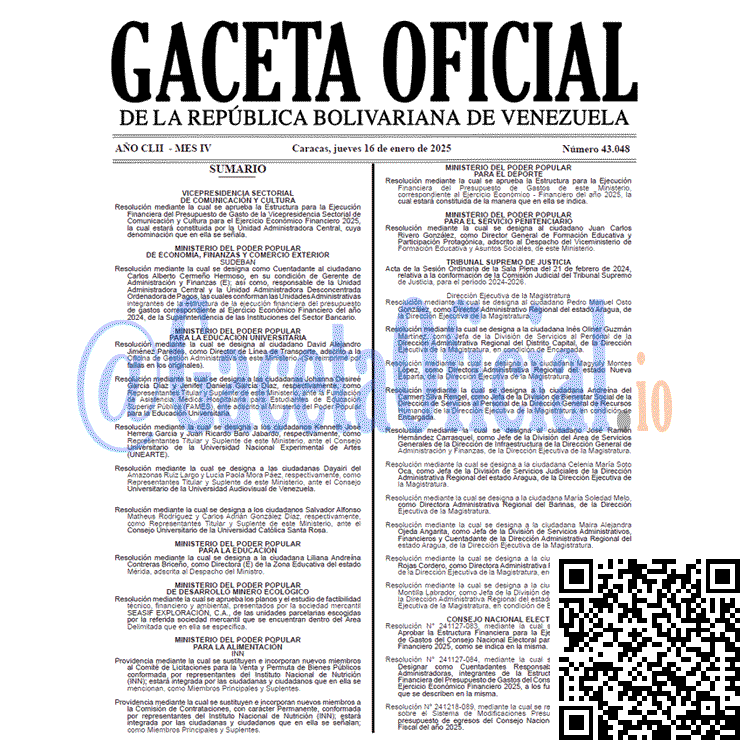 Venezuela Gaceta Oficial 43048 del 16 enero 2025 Gaceta Oficial, Gaceta 43048, Gaceta 43048 HD, Gaceta #43048, Gaceta Oficial Venezuela #43048