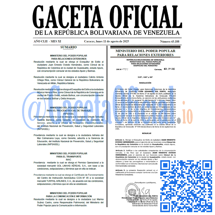 Venezuela Gaceta Oficial 43188 del 11 agosto 2025 Gaceta Oficial, Gaceta 43188, Gaceta 43188 HD, Gaceta #43188, Gaceta Oficial Venezuela #43188